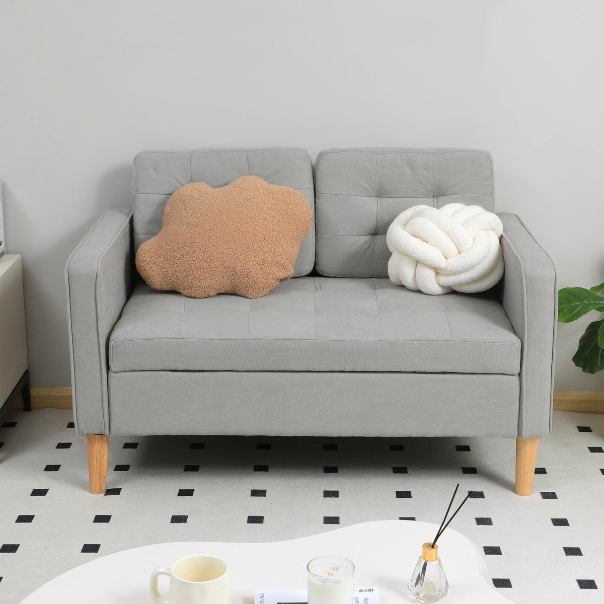 2 Sitzer Sofa, Couch mit Stauraum, Holzbeine, Gepolsterter Polstersofa, Hellgrau - Hellgrau/Naturfarben, Holz/Textil (62/78/117cm) - HOMCOM