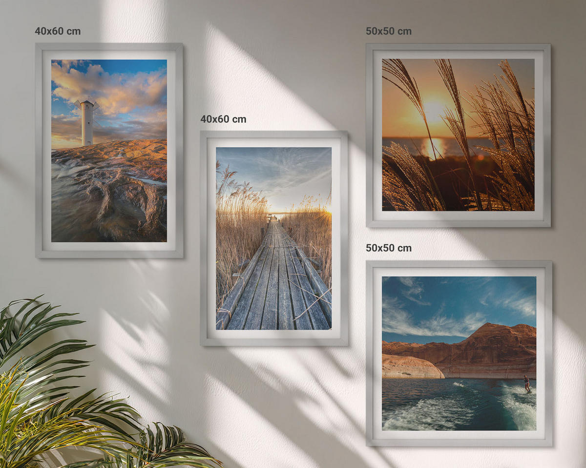 WANDBILDER 4er Set - 50x50 cm & 40x60 cm Silberner Rahmen - Leuchtturm-Grassteg - Silberfarben, Kunststoff (50/50cm) - ArtPrintCave