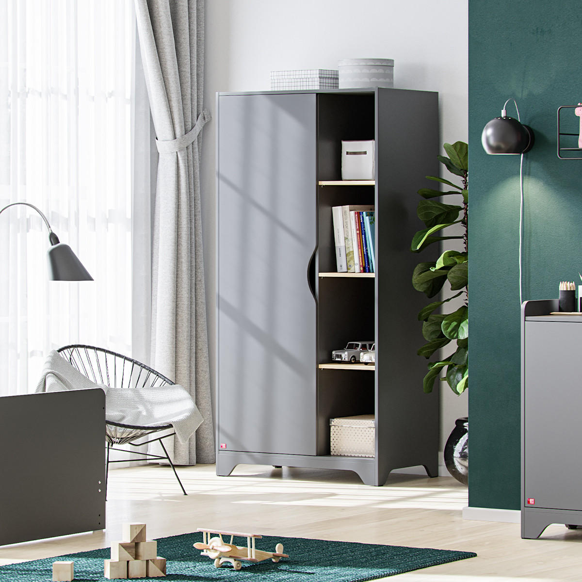 SCHRANK mit 1 Tür, 2 Kleiderschränke, und 3 offenen Regalen L88.5cm - Leaf - Anthrazit, Holzwerkstoff (52/179.5/88.5cm) - Calicosy
