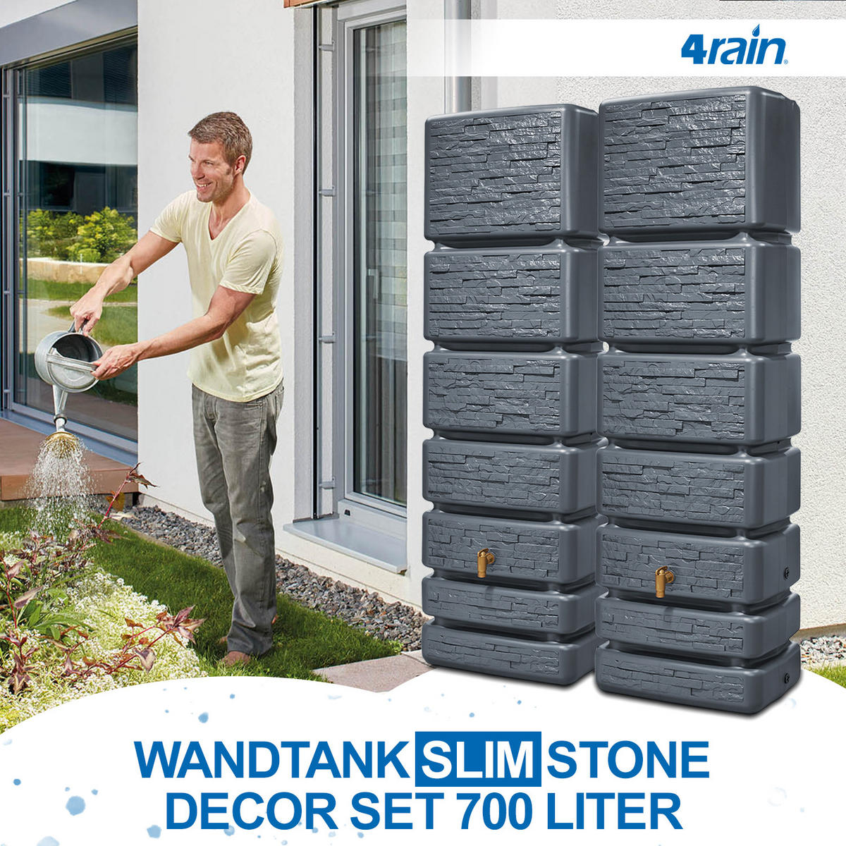 WANDTANK-SET 700 L graphite grey 2 x 350 L inkl. Verbindungsset - Grau, Kunststoff (130/184/39cm) - 4rain
