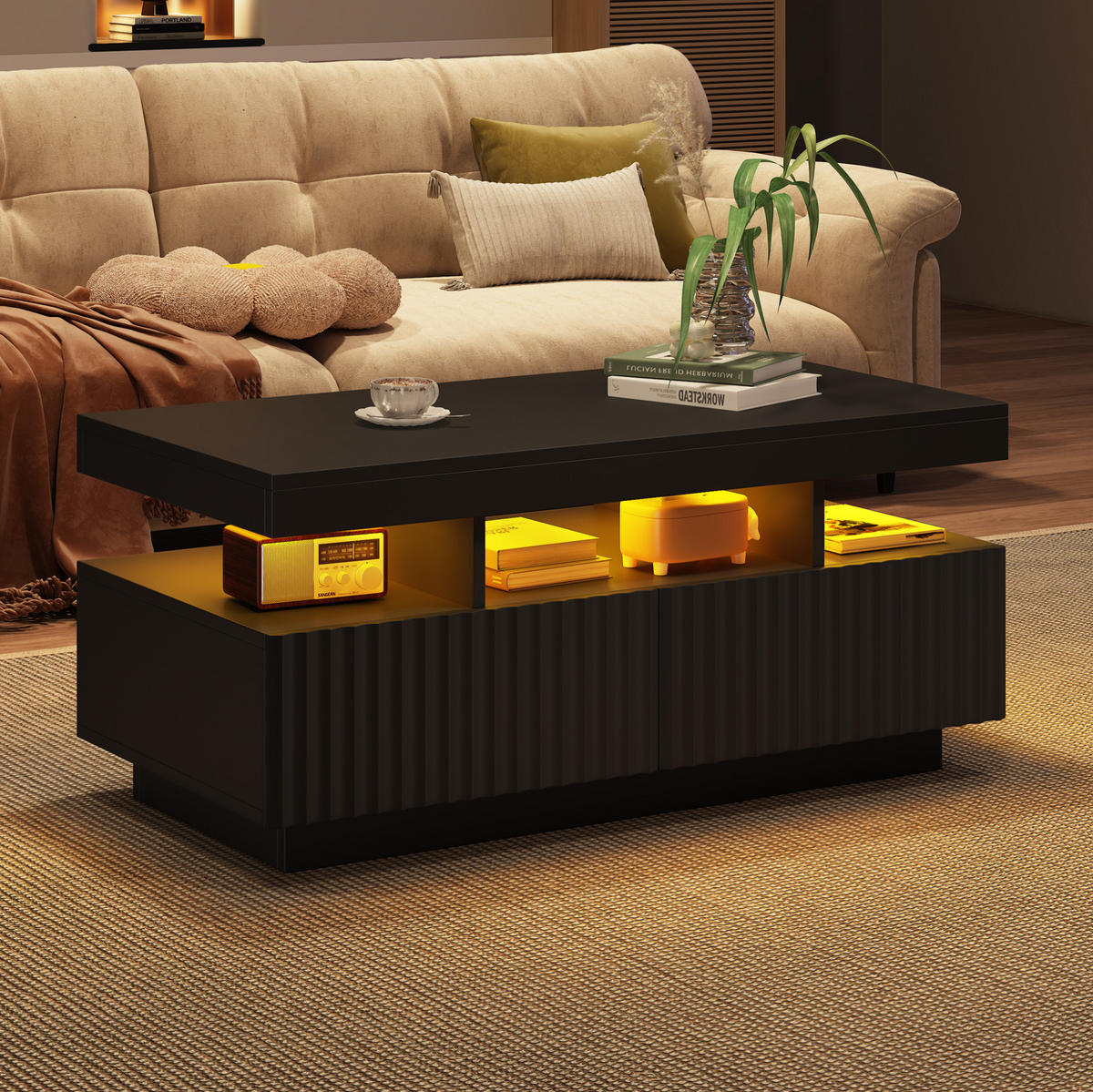 COUCHTISCH 100/50/45 cm mit 2 Schubladen, LED-Beleuchtung und offenem Fach, aus Spanplatte, Schwarz - Schwarz, Holzwerkstoff (100/50/45cm) - Redom