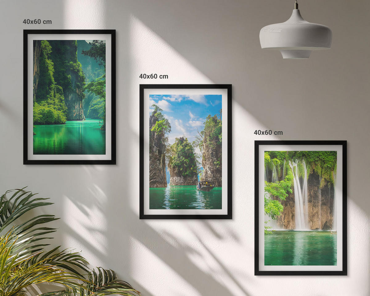 WANDBILDER 3er-Set - 40x60 cm Schwarzer Rahmen - Grüne Landschaften, Wasserfälle - Schwarz, Kunststoff (40/60cm) - ArtPrintCave