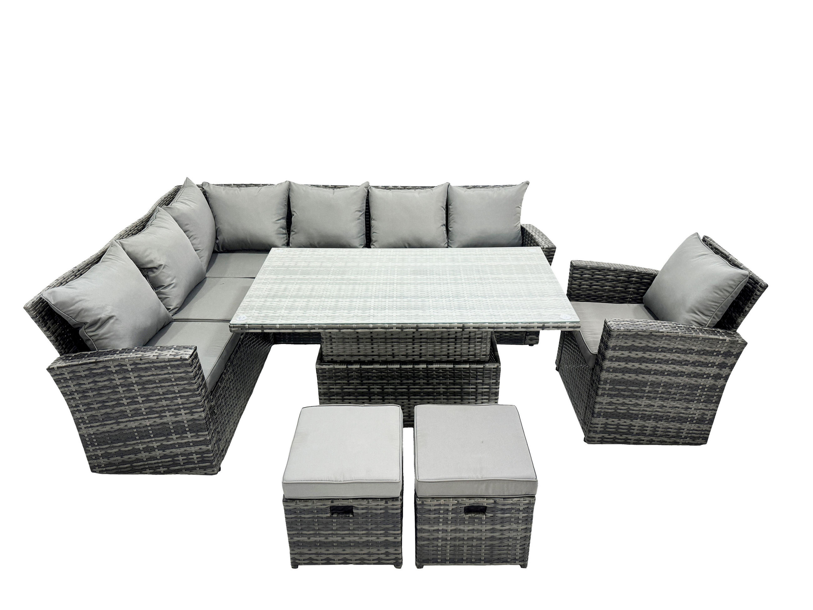 GARTENTISCHGRUPPE Polyrattan Dunkelgrau 9-Sitzer - Dunkelgrau/Grau, Glas/Kunststoff - Fimous
