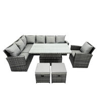 GARTENTISCHGRUPPE Polyrattan Dunkelgrau 9-Sitzer - Dunkelgrau/Grau, Glas/Kunststoff - Fimous