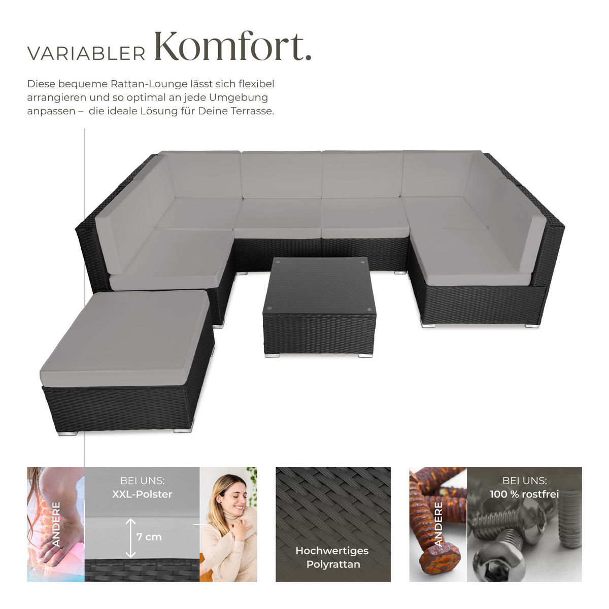 RATTANLOUNGE Venedig,mit Sicherheitsglasplatte,schwarz/grau - Schwarz/Grau, Kunststoff - tectake