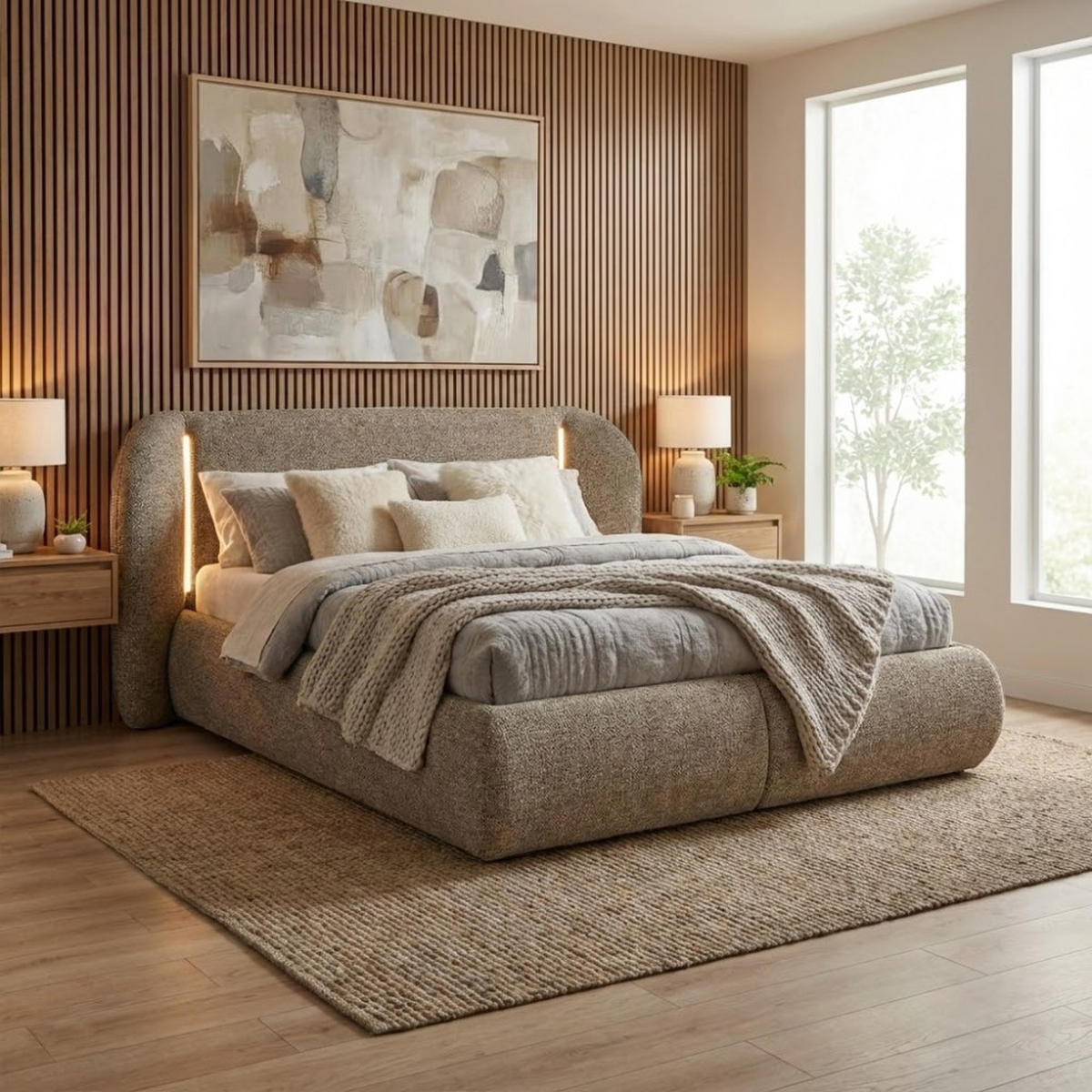 POLSTERBETT Corfu mit LED-Beleuchtung, mit Bettkasten, rundliche Formen, 180x200, Braun - Braun, Textil/Metall (180/200cm) - Beautysofa