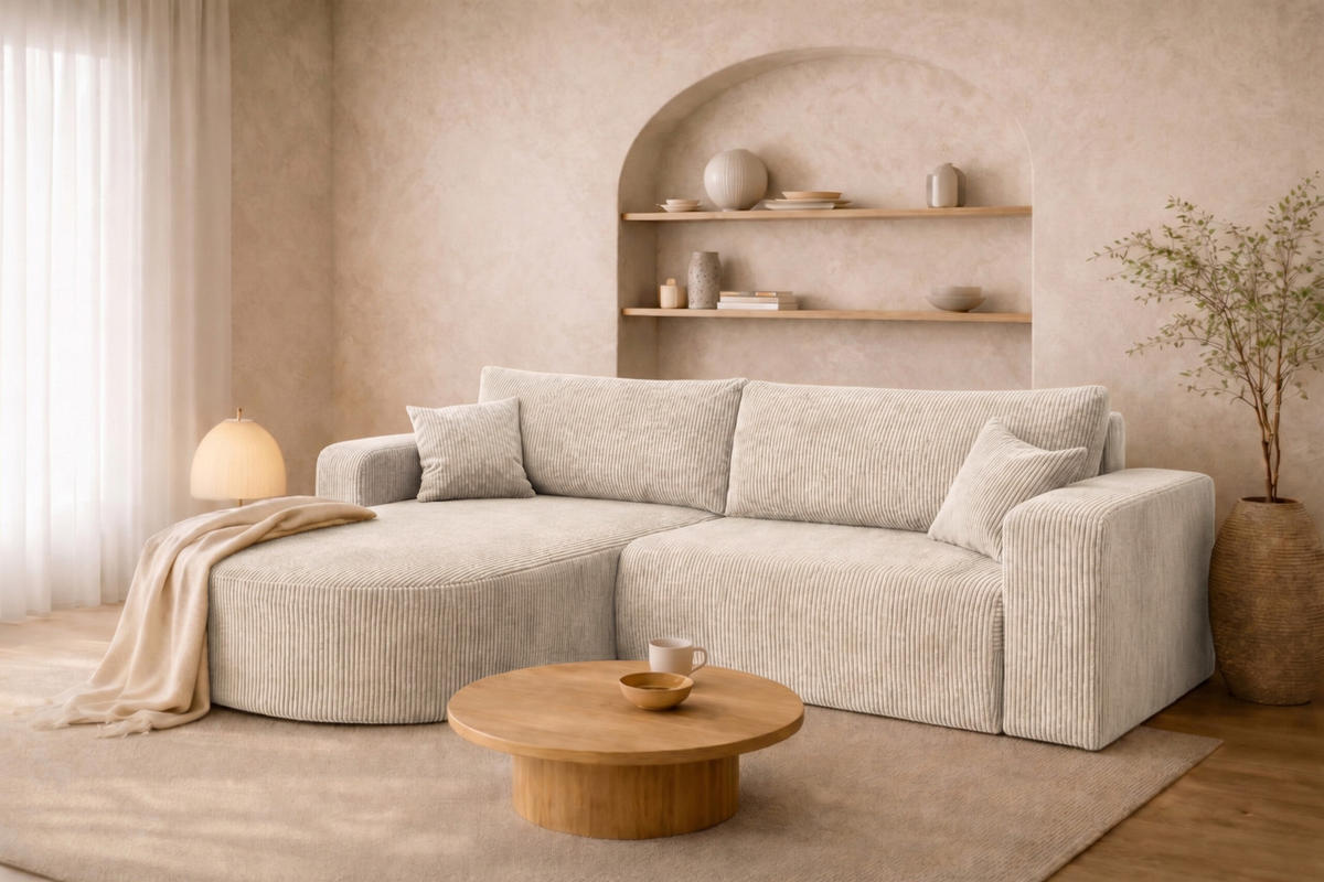 ECKSOFA Mit Schlaffunktion, Cordstoff Poso, Beige, Links, ROUND ONE - Creme, Holz (244/175cm) - Kaiser Möbel