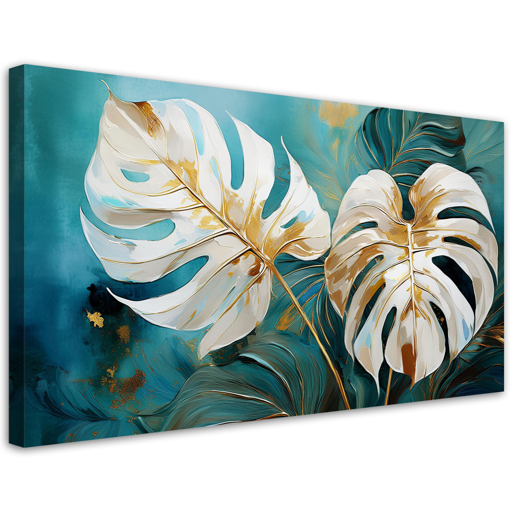 WANDBILD weiße monstera türkisblätter - Türkis, Textil (120/60cm) - Feeby