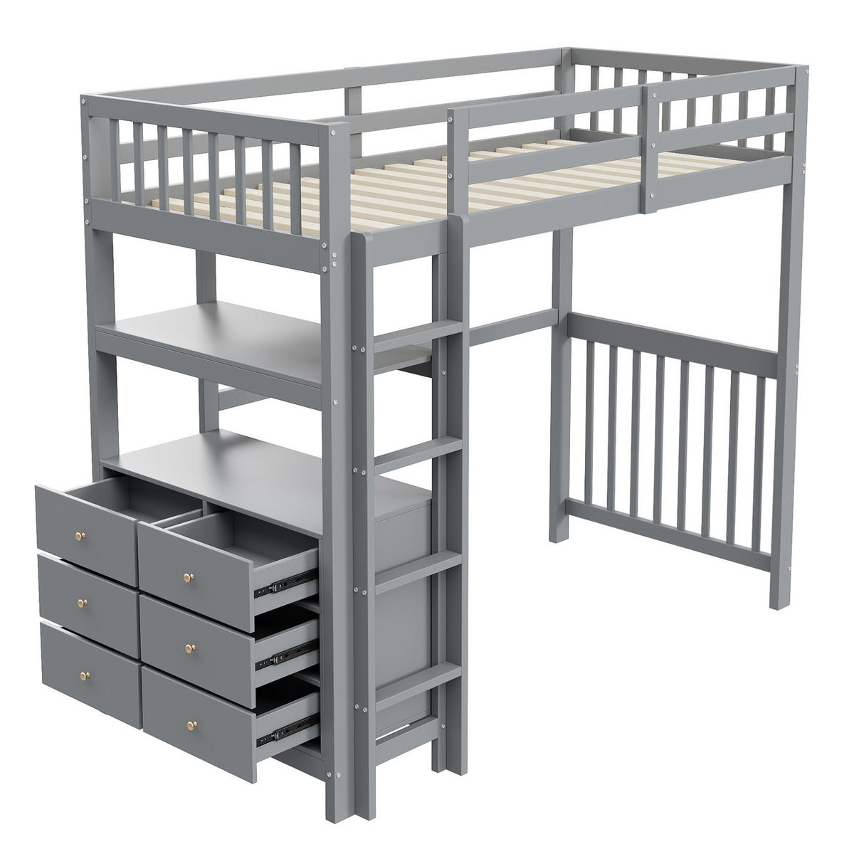 HOCHBETT 90/200 cm mit Sicherheitsleiter, 6 Schubladen, Regalen und Lattenrost aus Kiefern Holzwerkstoff, Grau - Grau, Holzwerkstoff (90/200cm) - Redom