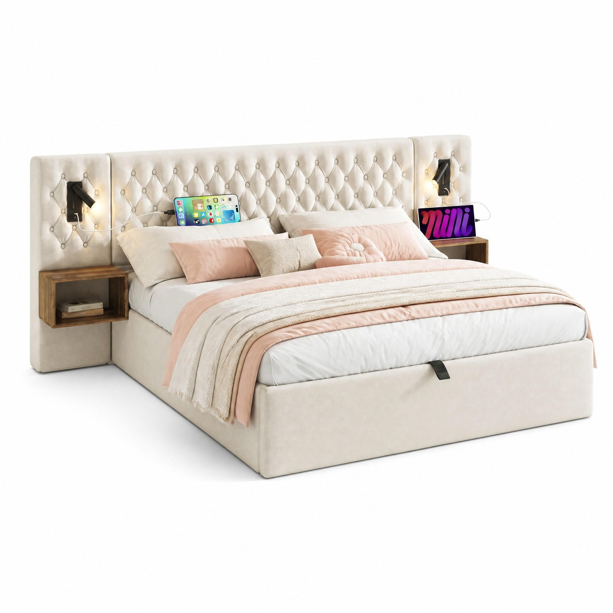 BETTANLAGE 180/200 cm in Beige Samt mit Stauraum, USB, Type-C, Leselampen und 2 Nachttischen - Beige, Holzwerkstoff/Textil (180/200cm) - CHICFURN