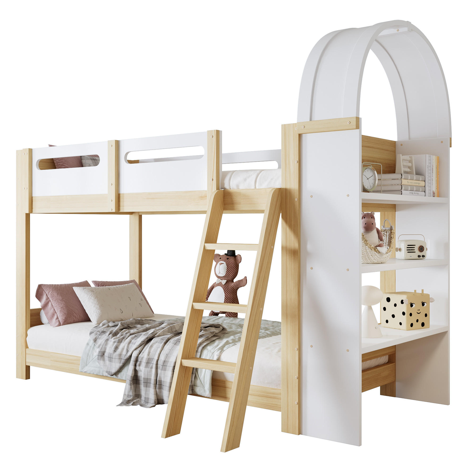 HAUSBETT 90/200 cm Weiß/Natur mit Regal und Bettgitter - Naturfarben, Holzwerkstoff (90/200cm) - Flora Grace
