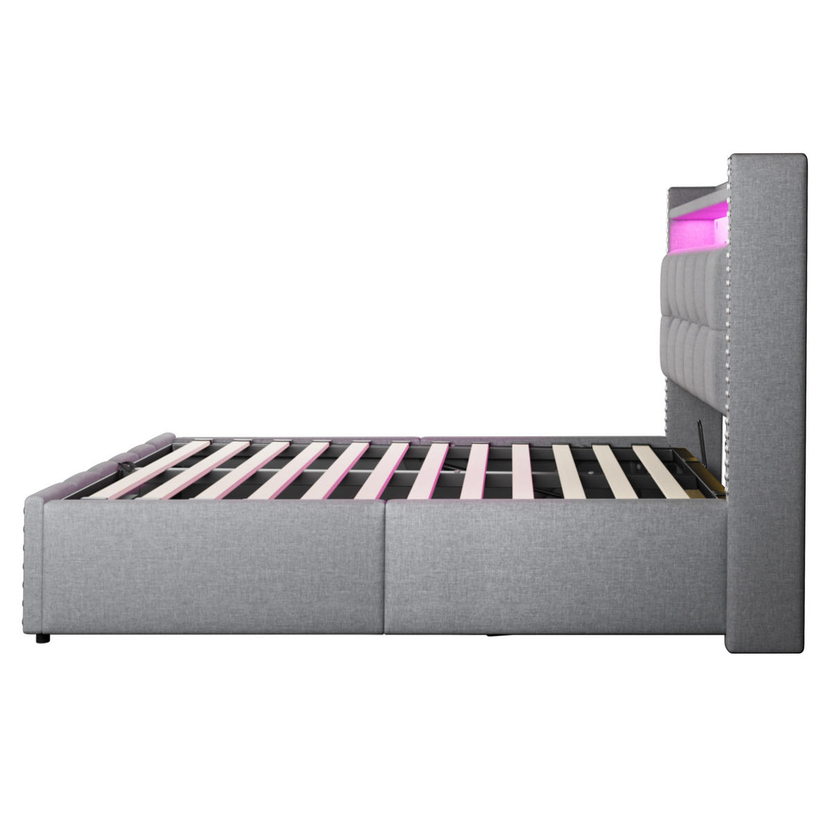 POLSTERBETT 160/200 cm in Hellgrau Leinen mit Bettkasten, LED, USB und Ablage - Hellgrau, Holzwerkstoff/Textil (160/200cm) - WISHDOR