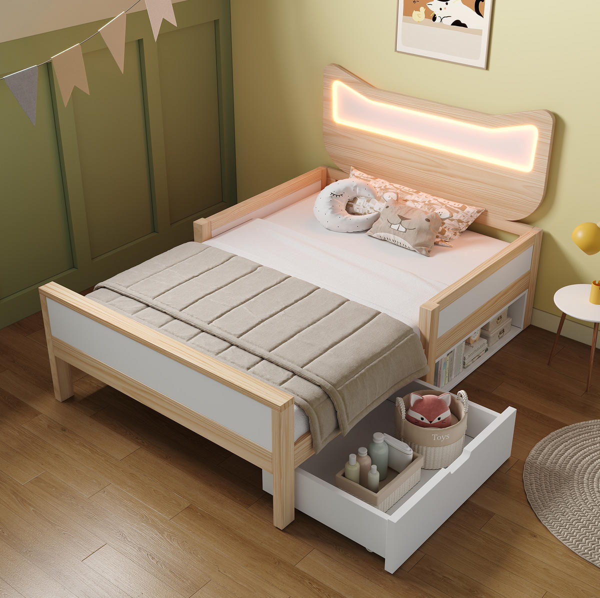 KINDERBETT 90/200 cm aus Holz mit LED-Katzenkopfteil und Stauraum Weiß und Eiche - Eichefarben, Holz (90/200cm) - Modenvie