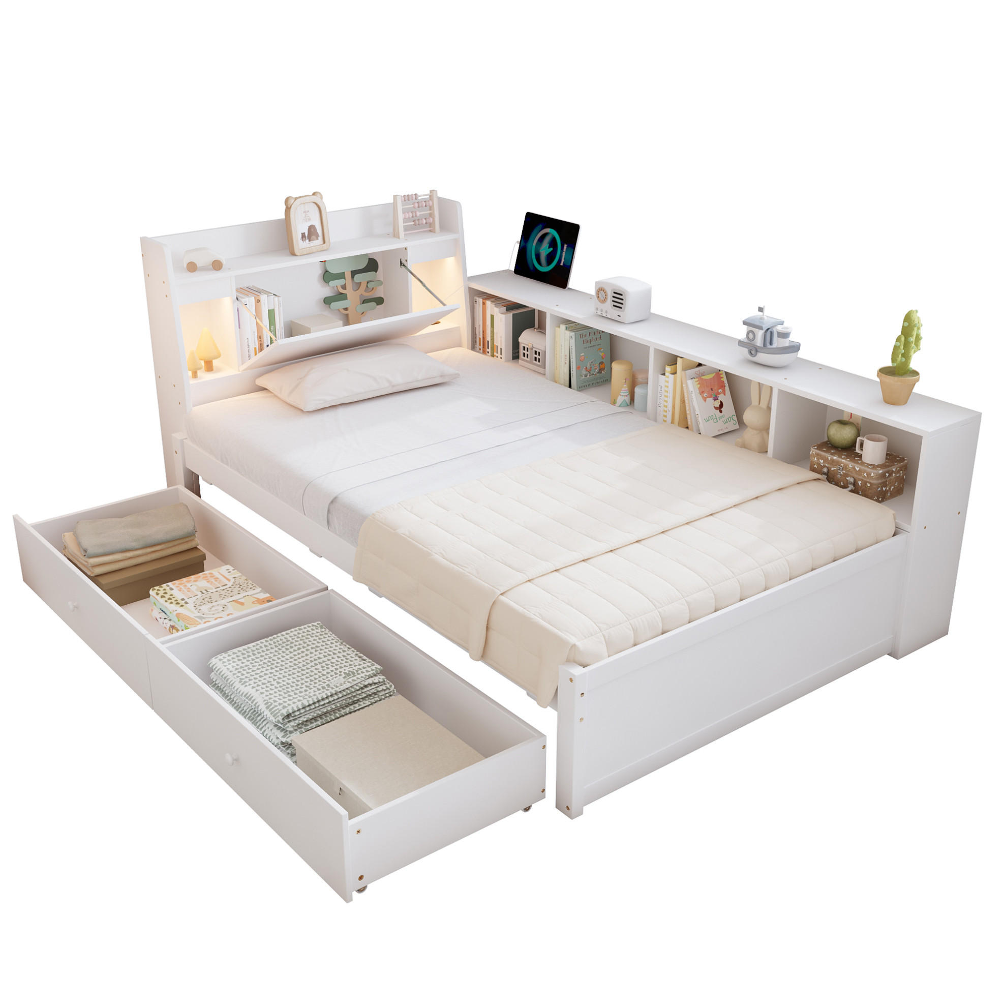 JEDNOLÔŽKOVÁ posteľ 90/200 cm biela s úložným priestorom, 2 svetlami a nabíjacou zásuvkou z masívu a MDF - biela, drevo (90/200cm) - OKWISH