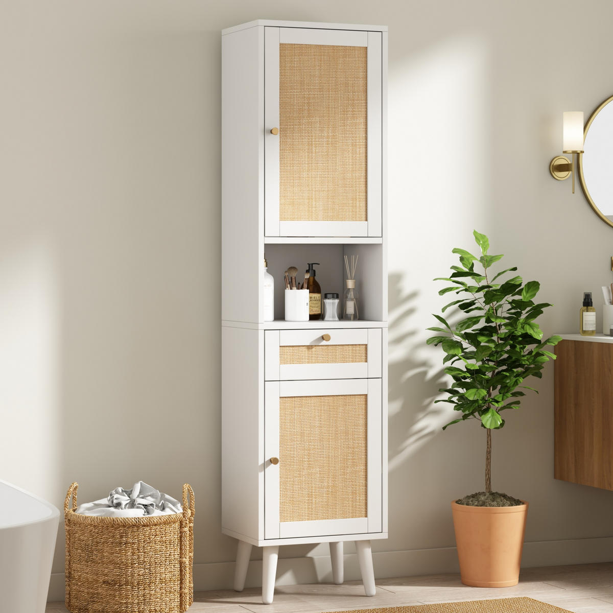 HOCHSCHRANK Weiß mit wendbaren Rattan‑Schranktüren und goldenen Griffen, 40 × 30 × 166 cm - Weiß, Holzwerkstoff (40/166/30cm) - Luhomfu