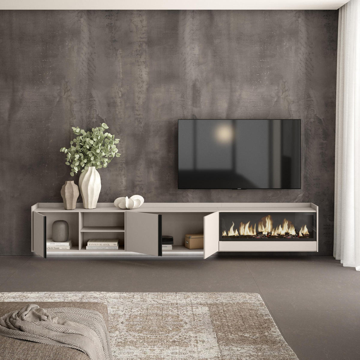 LOWBOARD, Beige, 315/35/50cm, Kamin mit Feuereffekt XXL - Beige, Holzwerkstoff (315/50/35cm) - Skraut Home