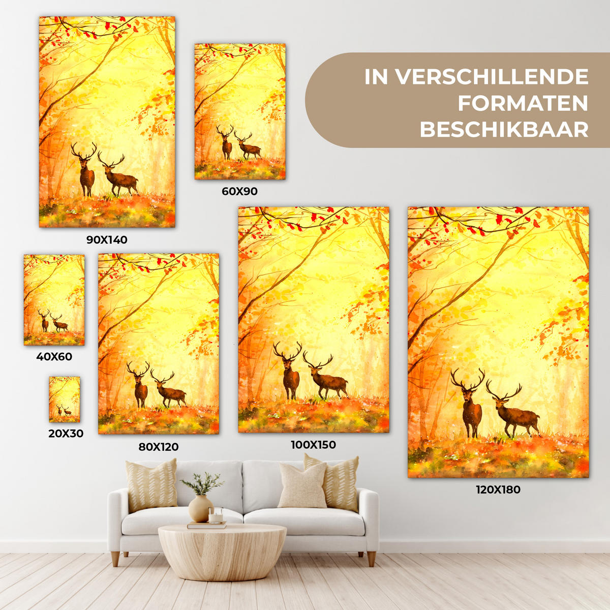 LEINWANDBILD Natur - Ölfarbe - Hirsche - Tiere - Herbst - Orange Wanddeko 40x60 cm - Orange, Textil (40/60cm) - MuchoWow