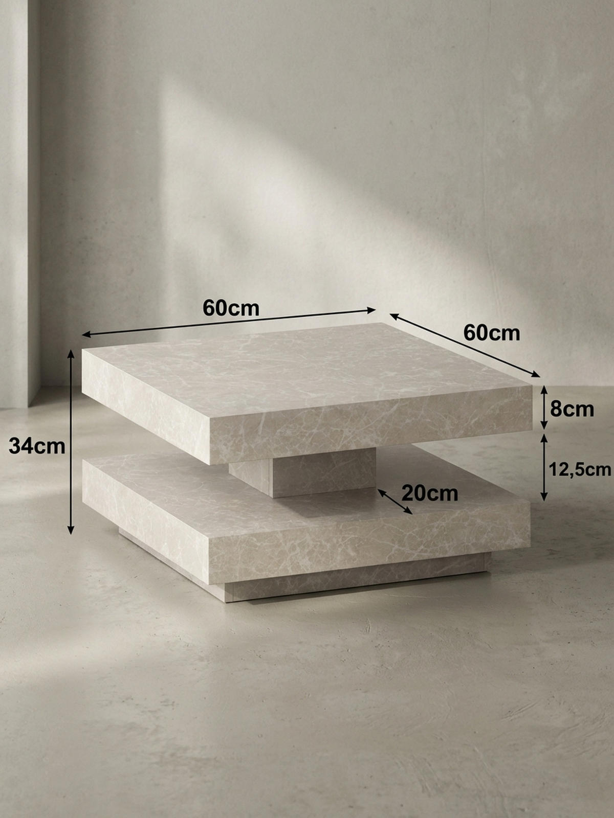 COUCHTISCH in Stein-Optik mit Stauraum, Modernes Design, Quadratisch, Beige 60x60x34 cm - Beige, Holzwerkstoff (60/60/34cm) - KADIMA DESIGN