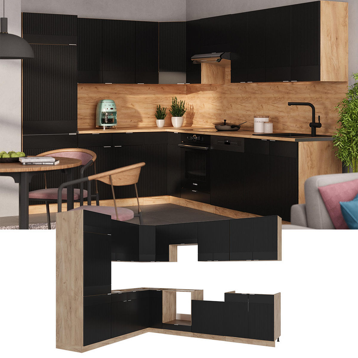 ROHOVÁ KUCHYNĚ Fame-Line, černé pruhy/dub Goldkraft, 227 x 60 cm bez pracovní desky - černá, kompozitní dřevo (287/81.6/46cm) - Vicco