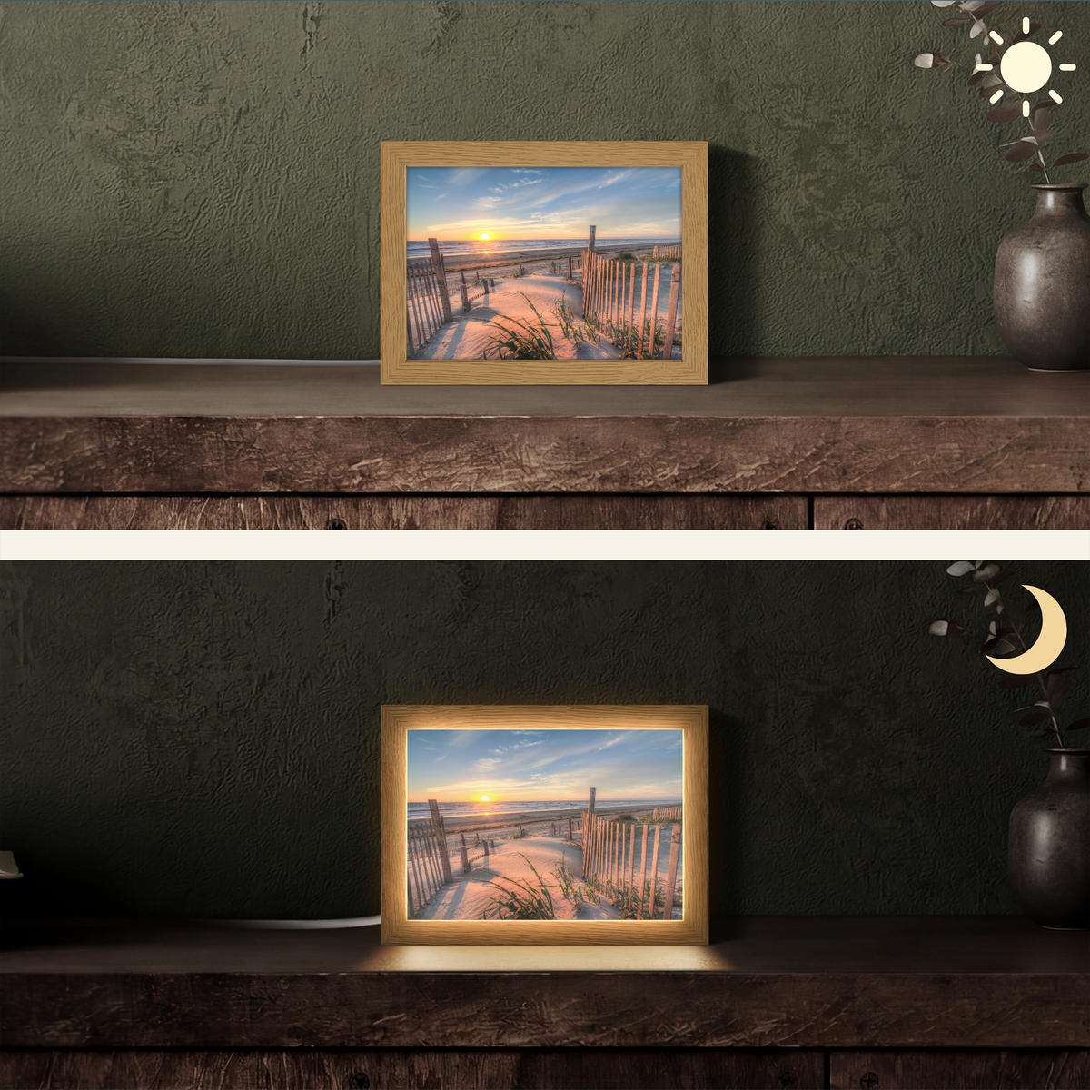 TISCHLEUCHTE Strand - Meer - Düne - Sonnenuntergang - Landschaft 20x15 cm - Creme, Holzwerkstoff (8/20/15cm) - OnlyWow