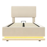 POLSTERBETT 90x200cm, LED, USB-C, Kopfteil verstellbar, Cord, Lattenrost, Stauraum, Beige - Beige, Textil (90/200cm)