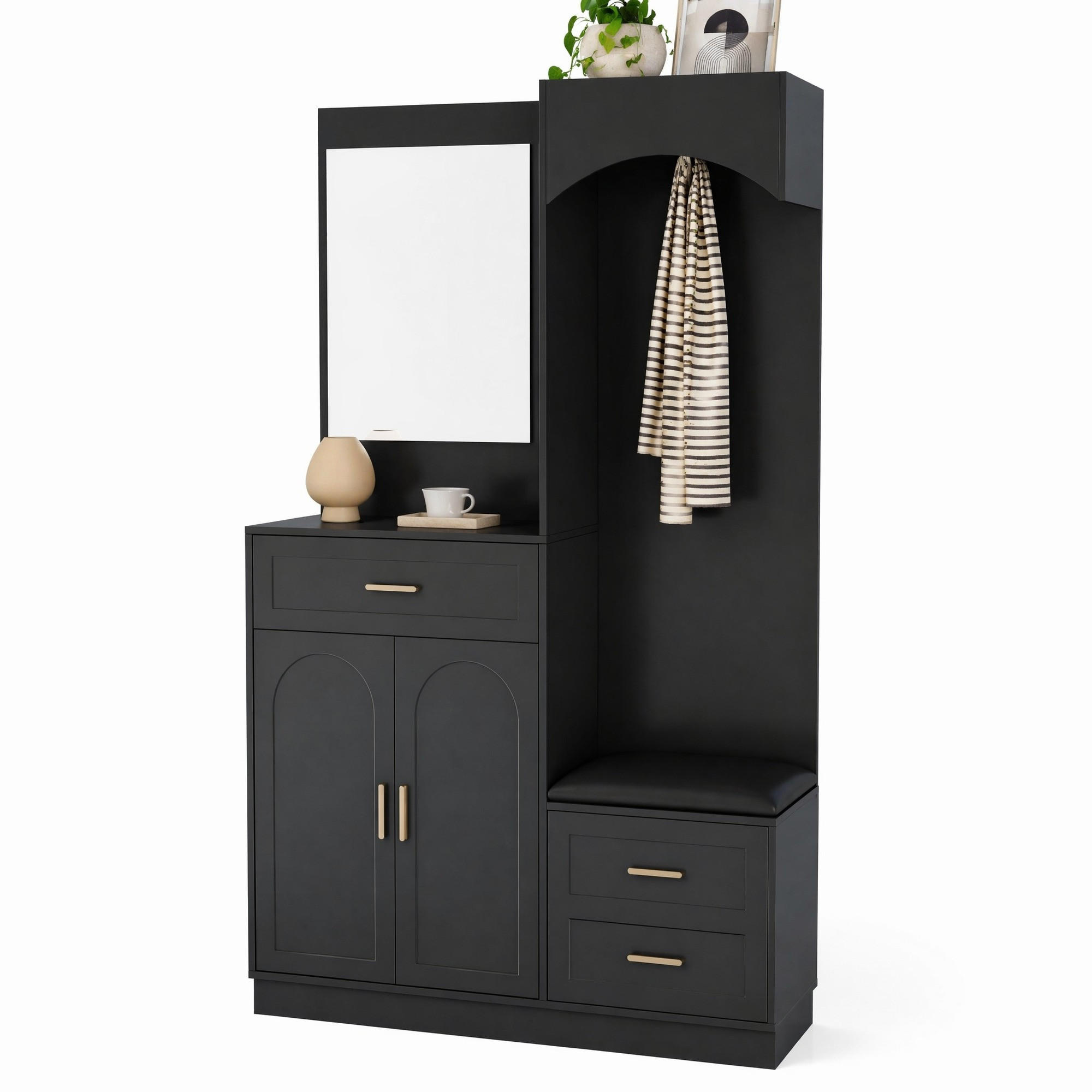 GARDEROBE-SET in Schwarz Garderobenschrank mit Spiegel und Schuhbank für Eingangsbereich und Flur, B110/T33/H185.5 cm - Schwarz, Glas/Holzwerkstoff (110/185.5/33cm) - STILVORA