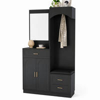 GARDEROBE-SET in Schwarz Garderobenschrank mit Spiegel und Schuhbank für Eingangsbereich und Flur, B110/T33/H185.5 cm - Schwarz, Glas/Holzwerkstoff (110/185.5/33cm) - STILVORA