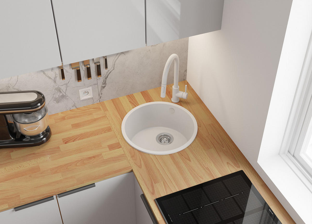 SPÜLBECKEN RUND Valletta Slim, 2-er set Weiß 46/46 cm 1 Becken + Ablauf-Set ab 50er Unterschrank - Chromfarben/Weiß, Kunststoff (46/20/46cm) - Primagran