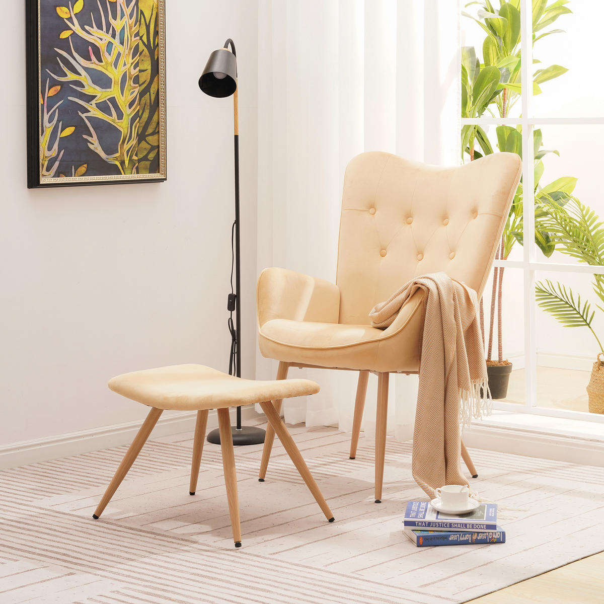 RELAXSESSELSET YORK Samt Bezug mit Hocker, Beige - Beige, Metall (67/100/48cm) - Albatros