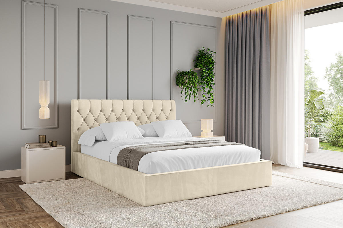 POLSTERBETT mit Bettkasten und Lattenrost, Bett mit Matratze H3/H4 - RENO 160x200 Beige - Ecru, Holzwerkstoff/Textil (160/200cm) - ALTDECOR
