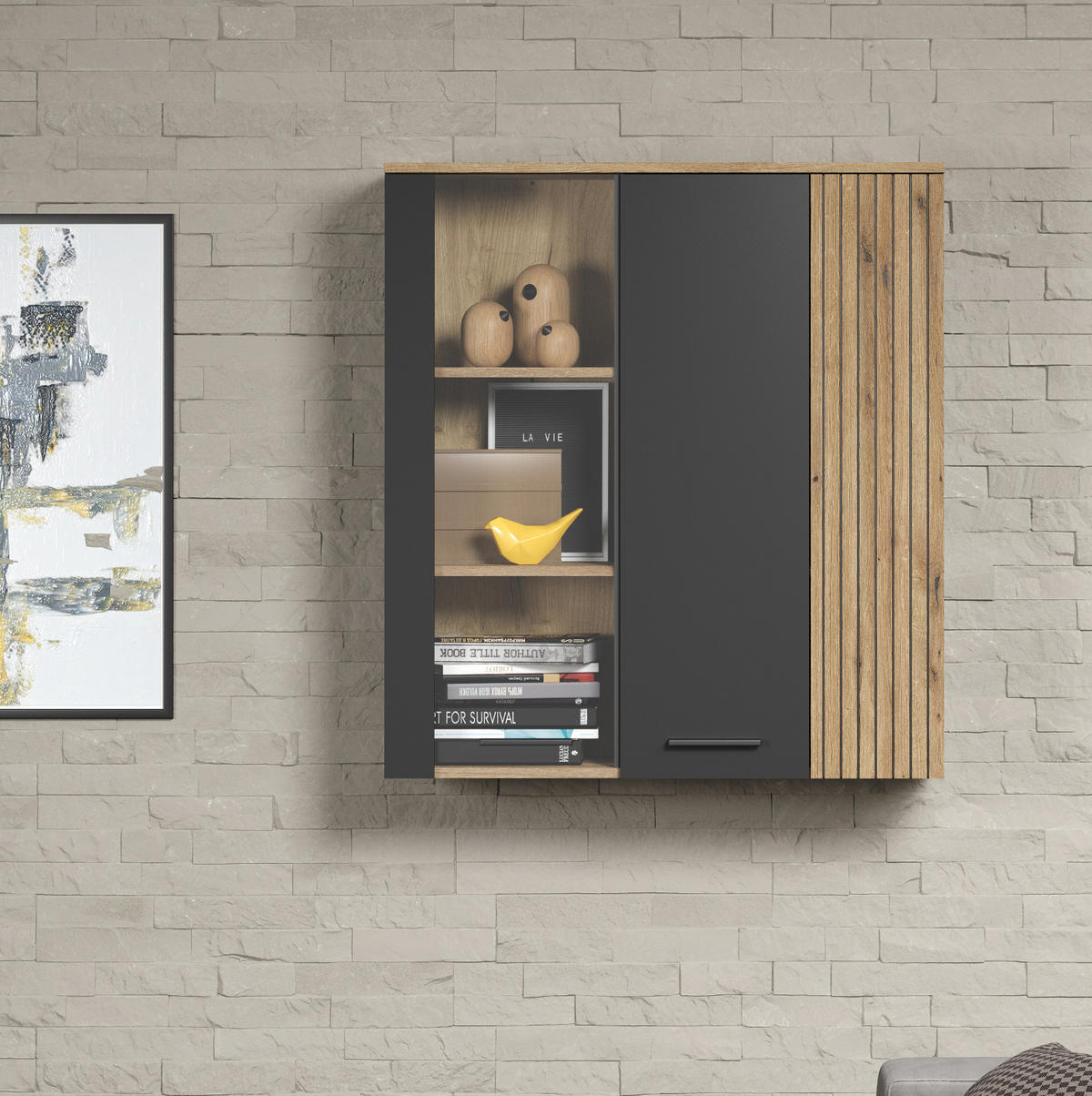 HÄNGEVITRINE grau, Evoke Eiche, Vitrine hängend 90 x 99 cm - Eichefarben/Schwarz, Glas/Holzwerkstoff (90/99/34cm) - Top.Furn
