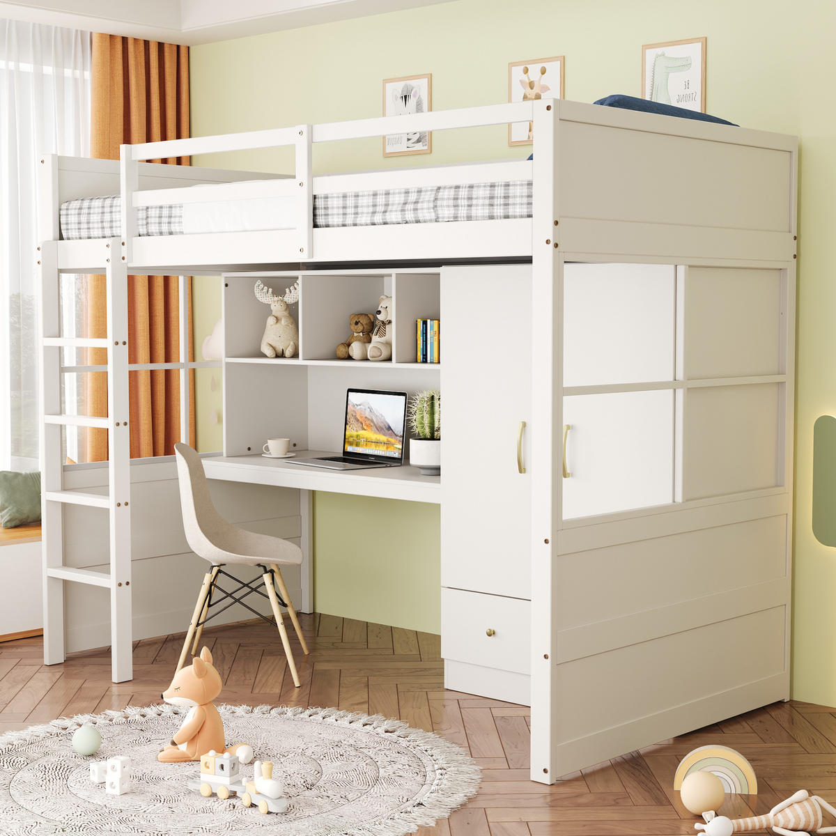 HOCHBETT 90/200 cm Weiß aus Holz mit Schreibtisch Stauraum und Kleiderschrank - Weiß, Holzwerkstoff (90/200cm) - OKWISH