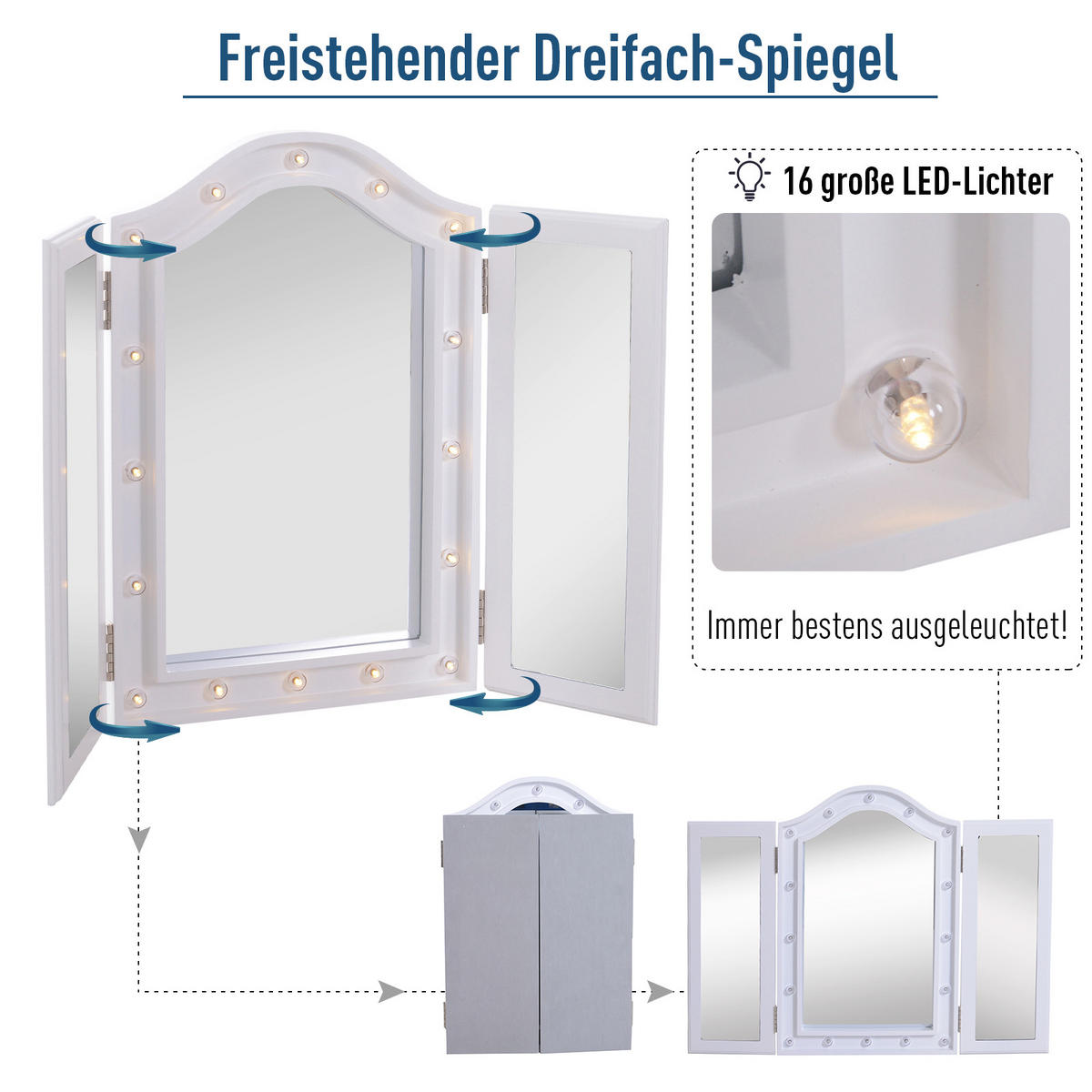 16 LEDs Kosmetikspiegel Schminkspiegel Standspiegel 180° klappbar Batterie - Weiß, Glas (53.5/4.5/73cm) - HOMCOM