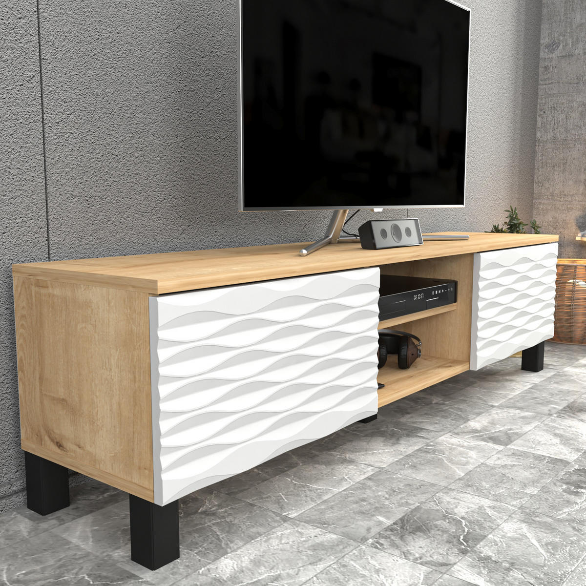 TV-ELEMENT Lukas Saphire Oake Weiß - Eichefarben, Holzwerkstoff (150/40.3/35cm) - Decorotika