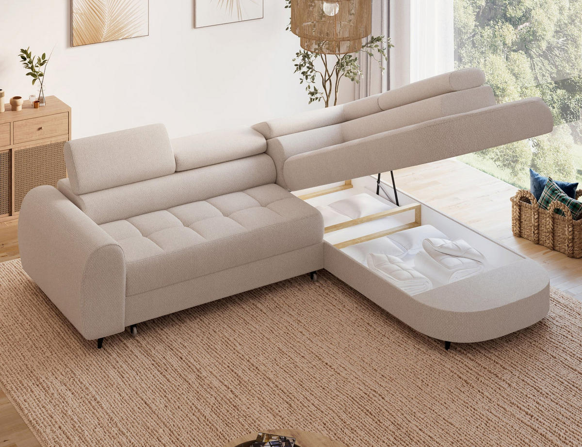 ECKSOFA Vesteria mit Schlaffunktion und Bettkasten – Modernes Design, verstellbare Kopfstützen und hoher Sitzkomfort - Beige, Kunststoff (279/72cm) - Wohnideebilder
