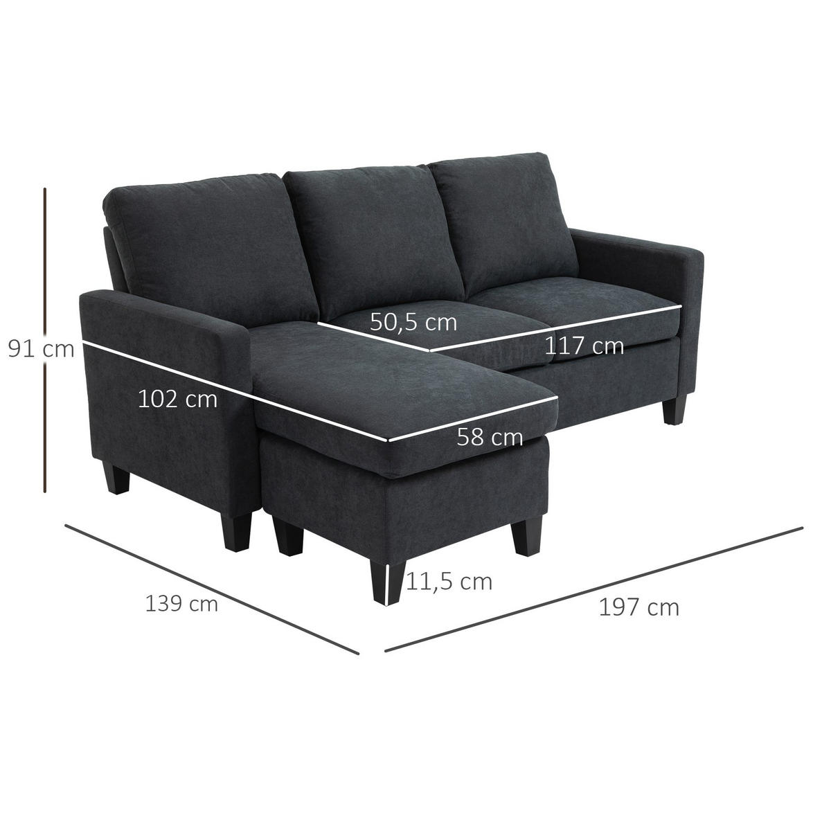 ECKSOFA L-Form Couchgarnitur mit wendbarer Chaiselongue Dunkelgrau - Dunkelgrau/Schwarz, Kunststoff/Textil (139/197cm) - HOMCOM