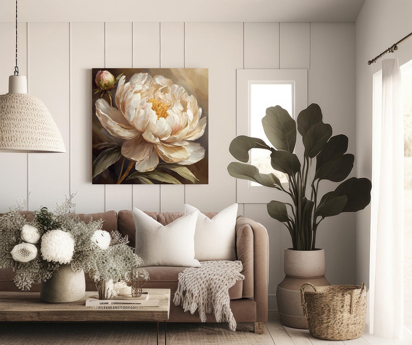 WANDBILD gemalte pfingstrose - Beige, Textil (50/50cm) - Feeby