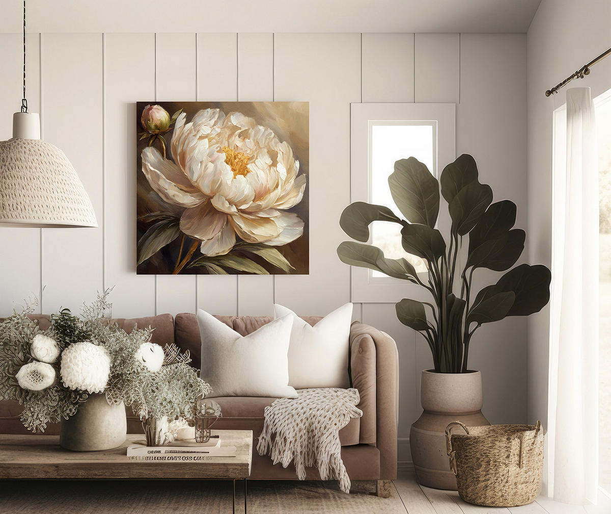 WANDBILD gemalte pfingstrose - Beige, Textil (50/50cm) - Feeby