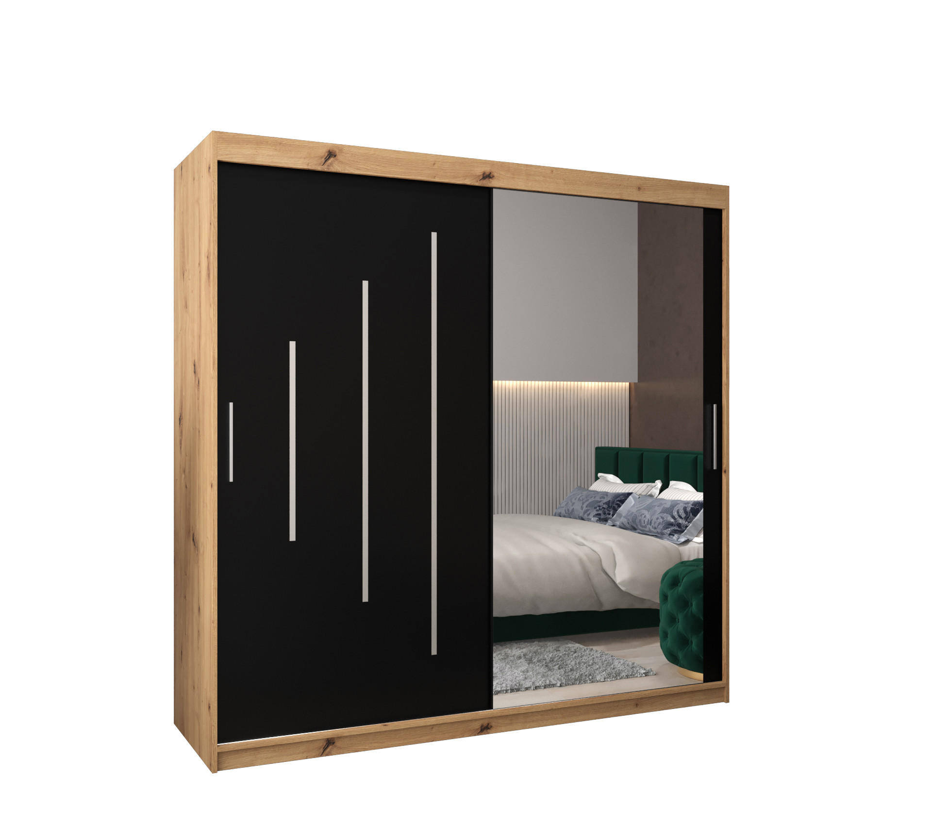 Abiks Möbel Schwebetürenschrank Eiche Artisan, Schwarz 200x200x62 cm
