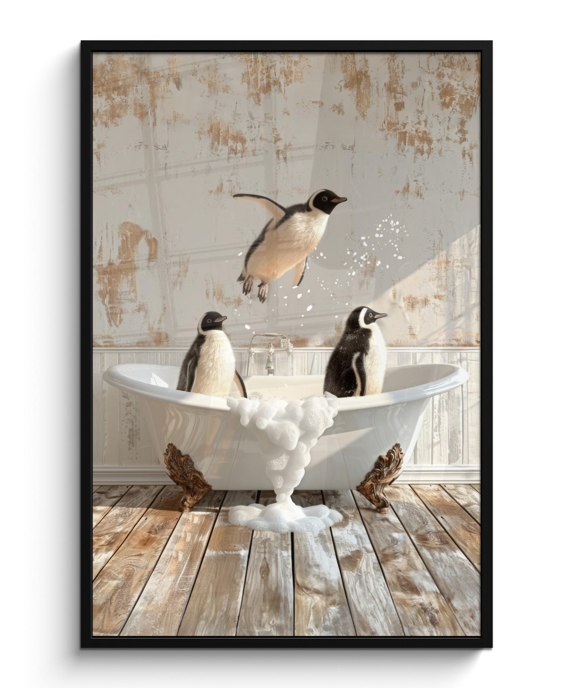 GERAHMTES BILD Vintage - Pinguin - Badewanne - Schaumstoff 80x120 cm - Schwarz, Papier (80/120cm) - MuchoWow