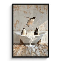 GERAHMTES BILD Vintage - Pinguin - Badewanne - Schaumstoff 80x120 cm - Schwarz, Papier (80/120cm) - MuchoWow