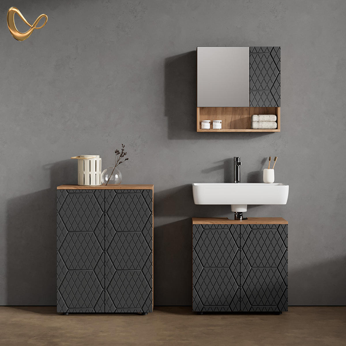 BADMÖBEL-SET Ronco Anthrazit gestreift 3 Teile, mit Unterschrank 60 cm - Honigeiche/Anthrazit, Holzwerkstoff (60/59/30cm) - Livinity®