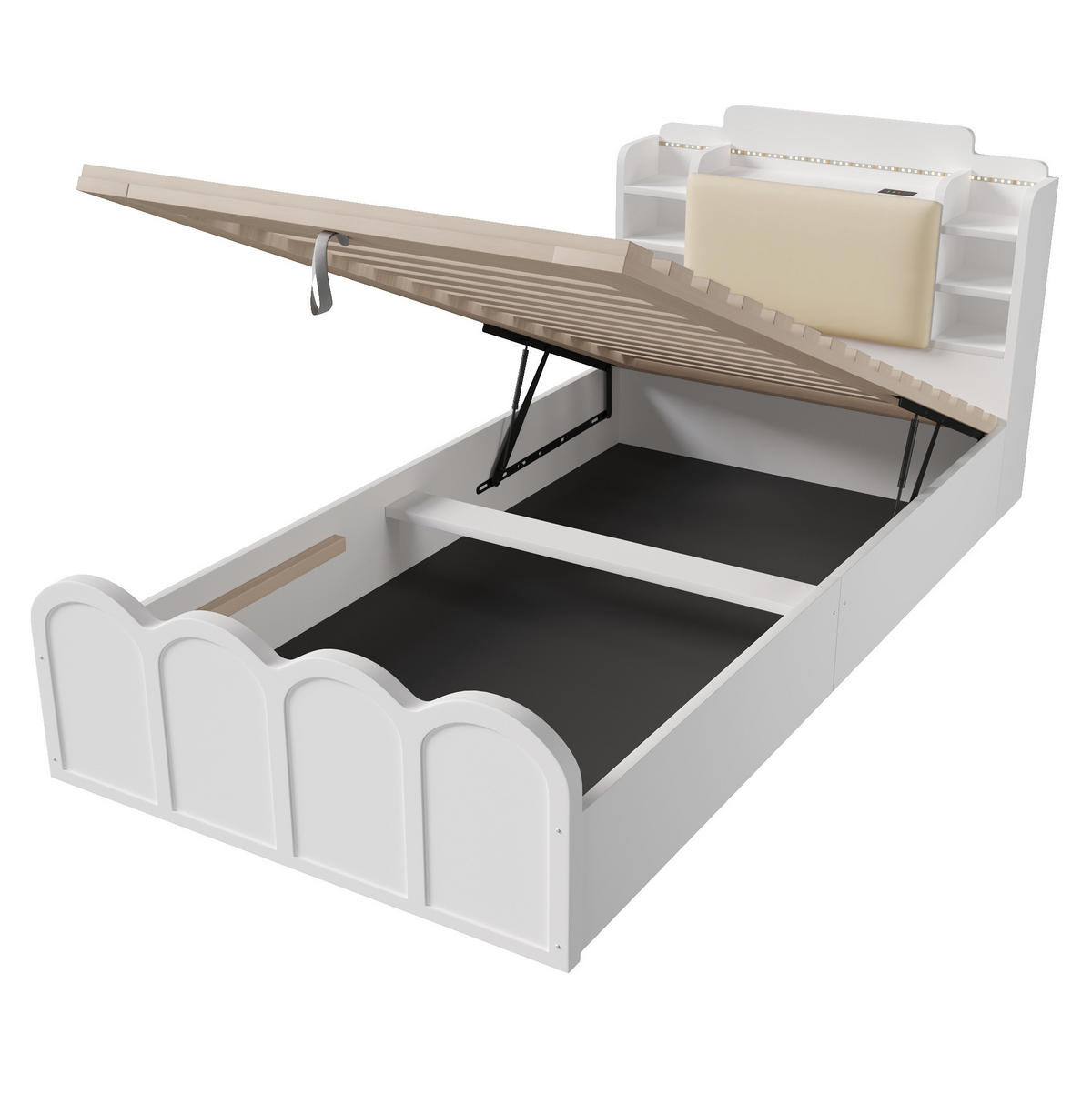 PANEELBETT 90/200 cm Weiß aus Massivholz und Holzwerkstoff mit hydraulischem Stauraum, USB- und Typ-C-Anschluss - Weiß, Holz (90/200cm) - OKMYHOME