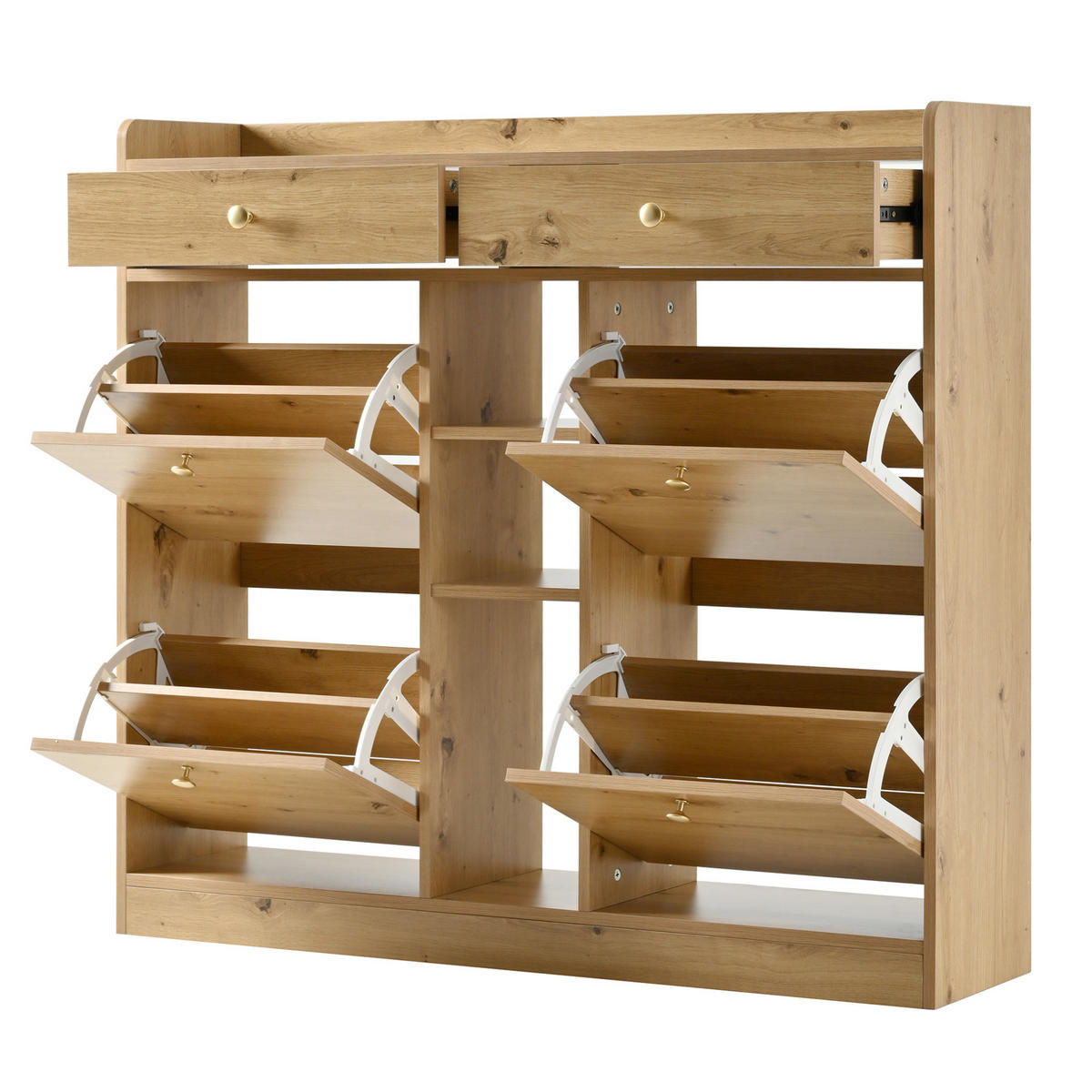 SCHUHSCHRANK 110/26/100 cm mit 4 Klapptüren, 2 Schubladen und 3 offenen Fächern, Natur - Naturfarben, Holzwerkstoff (110/100/26cm) - Redom