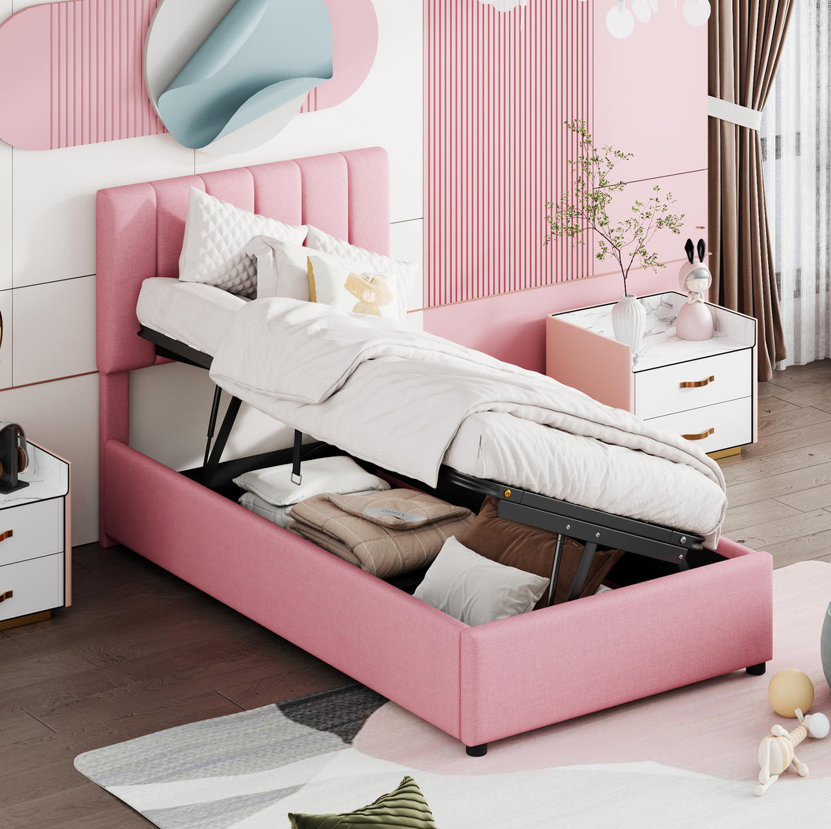 POLSTERBETT 90/200 cm Rosa mit Stauraum aus Leinen - Pink, Textil (90/200cm) - Flora Grace