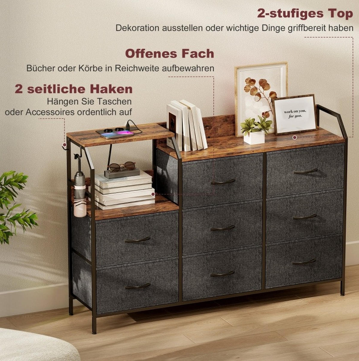KOMMODE 130.5/30/88 cm Rustikal Braun aus Stoff mit Ladestation - Schwarz, Textil (30/88/130.5cm) - OKMYHOME