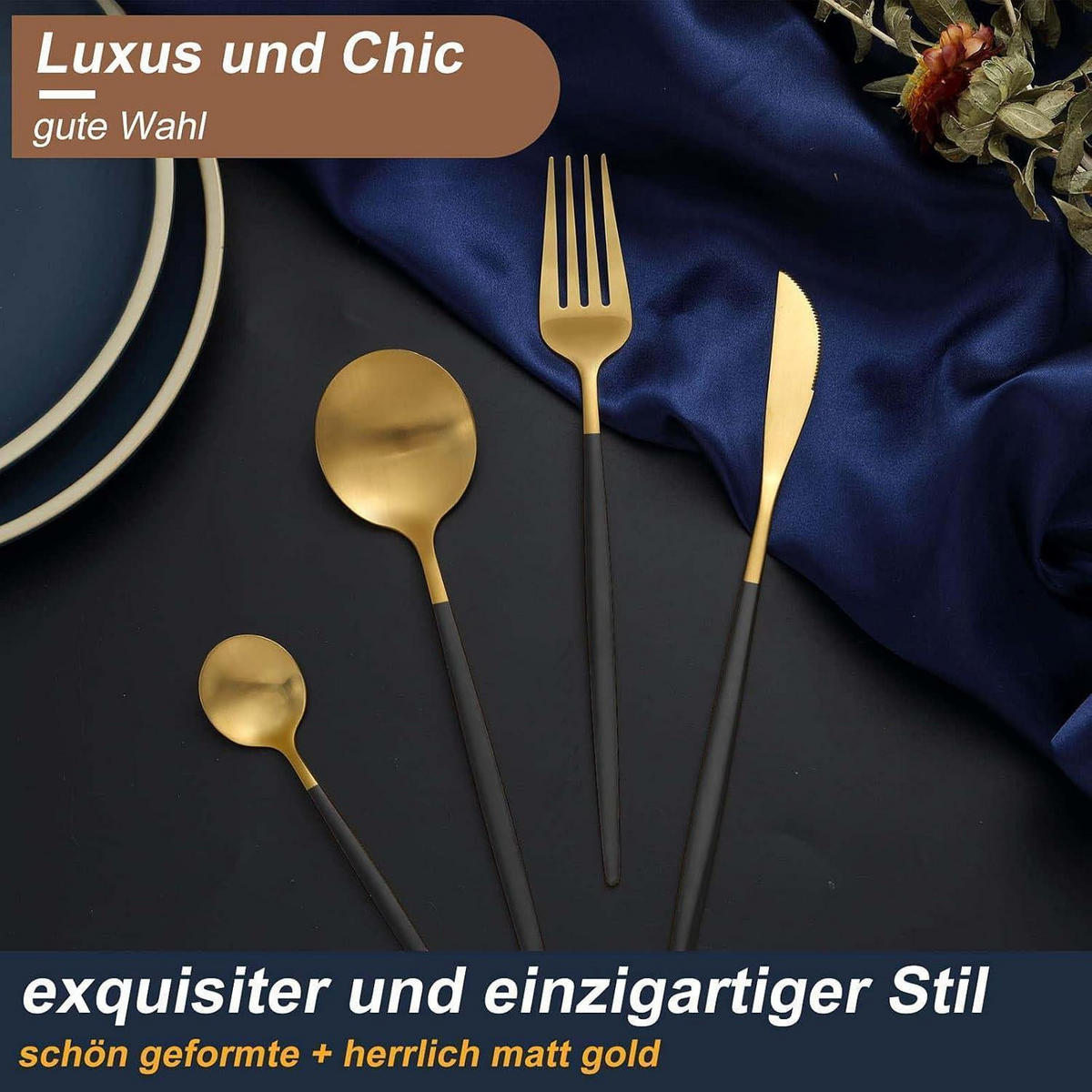 BESTECKSET 30-teilig Schwarz Gold Matt - Multicolor, Metall