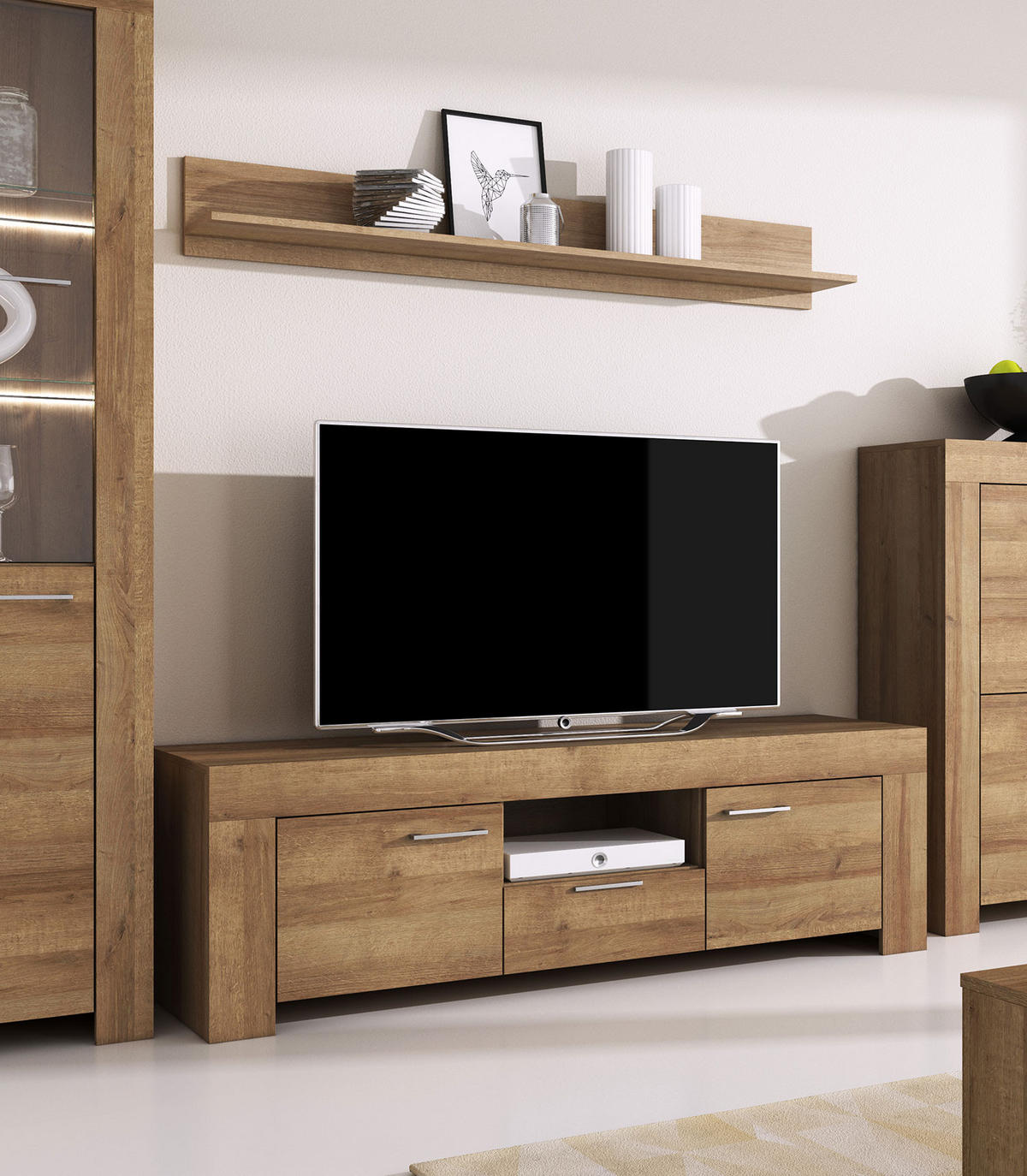 LOWBOARD Sky Eiche Riviera 155 / 47 / 50cm - Eichefarben/Alufarben, Holz/Holzwerkstoff (155/50/47cm) - Feldmann-Wohnen