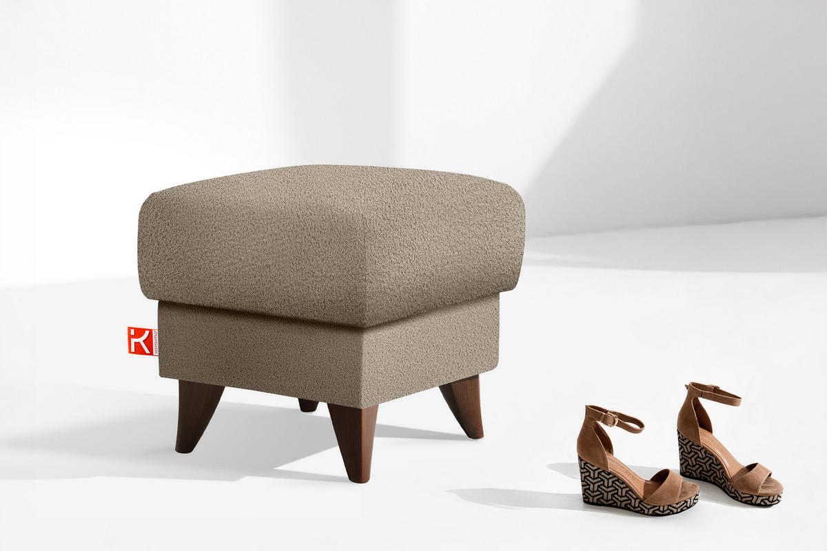 HOCKER GUSTAVO Fußstütze, Bouclé, Dunkelbeige - Graubraun/Beige, Holz/Holzwerkstoff (53/49/53cm) - KONSIMO®