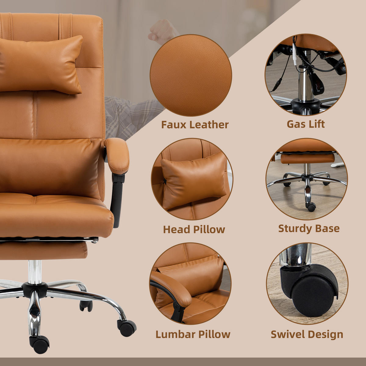 BÜROSTUHL mit Massagefunktion, Ergonomisch Schreibtischstuhl mit Liegefunktion - Braun, Leder (67/122/66cm) - Vinsetto
